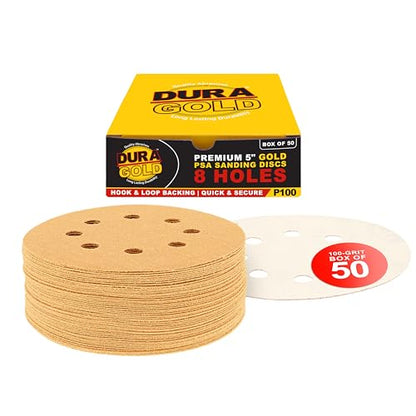 Dura-Gold 5" Gold Sanding Discs, 100 Grit, Box of 50, 8 Hole Pattern, H & L - size: 100-Grit - Gold