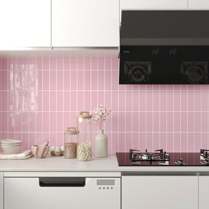 CHIHUT 6 Sheets Pink Glossy Peel and Stick Subway Backsplash Tiles 12"x12" - color: Solid Pink, size: 6 Tiles