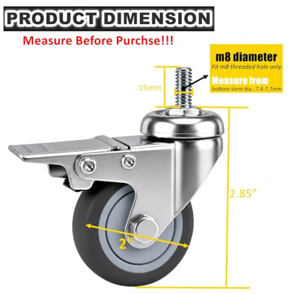 RILIDRI M8 Casters, 2 Inch Threaded m8-1.25 Caster Wheels with Locking Brakes, Set of 4 TPR Swivel Wheel for Standing Desk, 1KEA Carts, Rolling Cabinet - size: M8x15