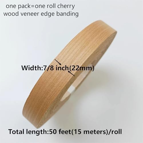 Cherry Wood Veneer Edge Banding Tape,7/8 inch ×50ft Iron On Wood Strips,Preglued Hot Melt Adhesive Edgebanding,Flexible Plywood Wood Edging for Furniture Restoration Work - size: 7/8" x50'