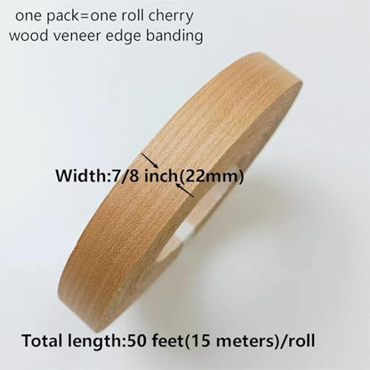 Cherry Wood Veneer Edge Banding Tape,7/8 inch ×50ft Iron On Wood Strips,Preglued Hot Melt Adhesive Edgebanding,Flexible Plywood Wood Edging for Furniture Restoration Work - size: 7/8" x50'