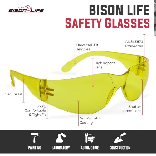 BISON LIFE Yellow Safety Glasses for Men & Women, Bulk, ANSI Z87.1, 6 Pack - color: Yellow/Yellow