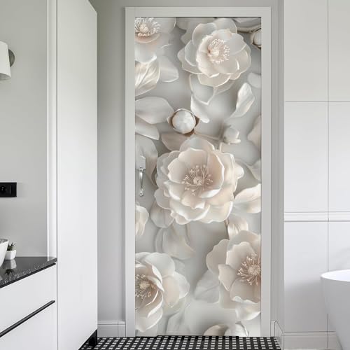 REDAMANCY Modern White Grey Peony Floral Peel and Stick Door Stickers Vinyl 3D Door Mural Decals Decor Wallpaper Self-Adhesive, Waterproof, Removable - color: Mta-16