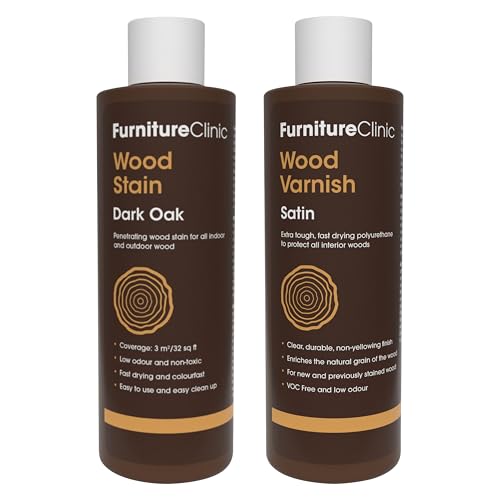 Furniture Clinic 8.5oz Dark Oak Wood Stain + 250ml Satin Wood Varnish | Water Based | Fast Drying, Low Odor, & Non-Toxic | for Indoor & Outdoor Furniture and More
