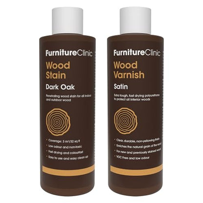 Furniture Clinic 8.5oz Dark Oak Wood Stain + 250ml Satin Wood Varnish | Water Based | Fast Drying, Low Odor, & Non-Toxic | for Indoor & Outdoor Furniture and More