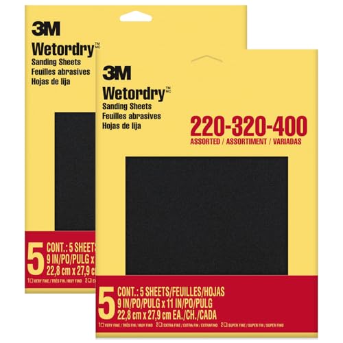 3M Wetordry Sandpaper, 5 Sheets, 9 in x 11 in, Assorted Grits (220/320 / 400), Use for Wet and Dry Sanding, for Sanding Between Coats of Varnish, Lacquer, Paint & Other Finishes (9088DC-NA), 2-Pack - style: Assorted Grit, 2-Pack (10 Sheets)