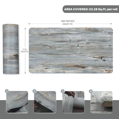 Wood Grain Peel and Stick Floor Tiles, 11.8" W × 394" L, Tide‑Washed - color: Sunwashed Blue, size: 394"*11.8"