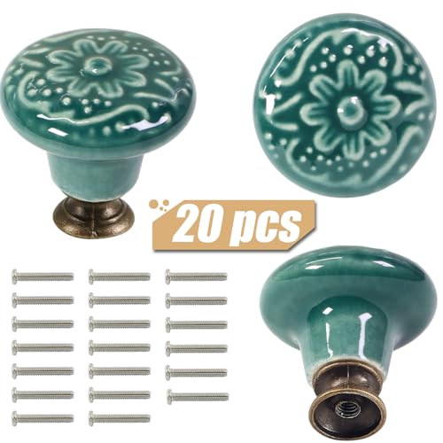Ceramic Cabinet Knobs, Embossed Floral Design - Green, 20pcs - color: Green