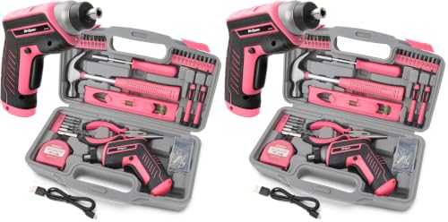 Hi-Spec 35-Piece Tool Kit with 3.6V USB Small Electric Screwdriver Set, Pink Drill Set for Women, Tool Kit for Home (Pack of 2) - color: Pink, size: 35 Pieces (Pack of 2)