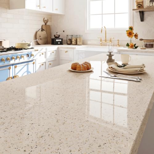FunStick 24"x200" Glossy Beige Granite Countertop Contact Paper Beige Terrazzo Wallpaper Peel and Stick Countertops Waterproof Self Adhesive Granite Wallpaper for Kitchen Bathroom Counter Top Covers - color: Beige, size: 24" x 200"
