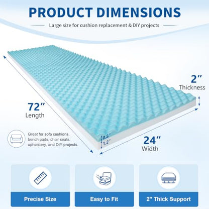 High Density Upholstery Foam (72"x24"x2") Seat Cushion Replacement Foam, 0.8 Inch Egg Crate Memory Pad for Pressure Relief and Comfort, Cuttable Sofa Sag Support Chair Repair Material DIY Projects - size: 72"x24"x2"