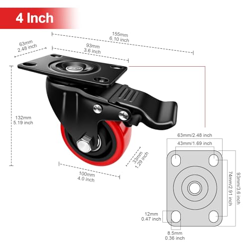 4" Caster Wheels,4 inch Heavy Duty Casters with Brake Set of 4 - size: 4 Inch (4 Pack)