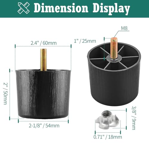 4pcs Plastic Furniture Legs 2" with T-Nuts, M8-1.25 Thread Bolt - size: 2 Inch, M8-1.25 Metric Thread Bolts