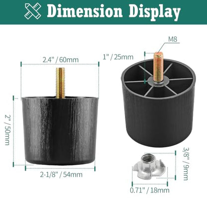 4pcs Plastic Furniture Legs 2" with T-Nuts, M8-1.25 Thread Bolt - size: 2 Inch, M8-1.25 Metric Thread Bolts
