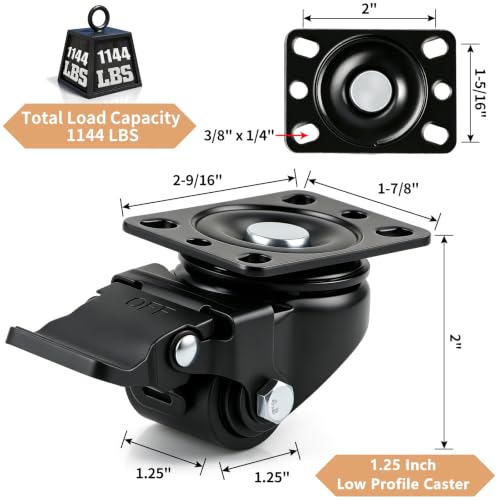 1.25" Heavy Duty Low Profile Swivel Plate Casters with Brake, 4 Pcs