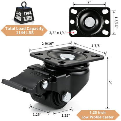 1.25" Heavy Duty Low Profile Swivel Plate Casters with Brake, 4 Pcs