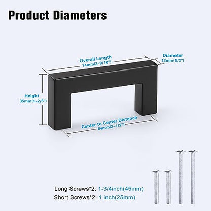KNOBWELL 20 Pack| 2-1/2 inch Dresser Drawer Pulls Matte Black, 64mm Modern Square Slim Knobs and Pulls for Kitchen Cupboard Bathroom Bedroom Vanity Chest Furniture Pulls - color: Matte Black, size: Hole Center:2-1/2 inch(64mm)