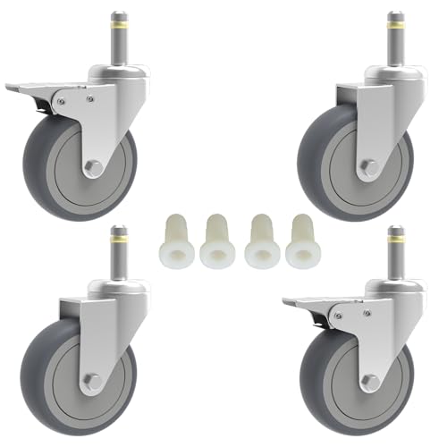RILIDRI 3-Inch Swivel Stem Caster, 7/16-Inch Stem Diameter Rubber Wheel, Heavy Duty TPR Replacement Wheels for Rubbermaid Mop Bucket Cart Grill Casters - 4 Pack (2 Brakes 2 Swivel) - size: 3 Inch-175LB(2 Dual Brakes)