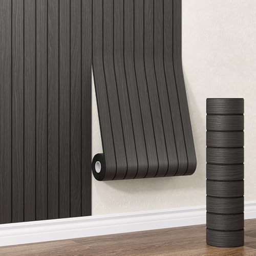 Peel and Stick PVC Slat Wall Panel 118"x15.75"(12.9 ft²) Faux Wood Slat Panels, Self-Adhesive Wood Grain Wallpaper, 3D Soundproof Wall Panels for Bedroom Bathroom Walls & Ceilings, Black - color: Black, size: 15.8" x 118"