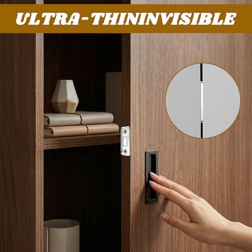 12 Pack Magnetic Cabinet Door Catches with Adhesive and Screw Option, Stainless Steel Drawer Magnets for Kitchen, Bathroom & RV, (8 Short and 4 Long)