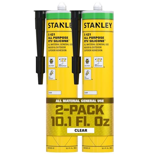Stanley S421 RTV Silicone Caulk Clear (2 x 10.1 fl.oz.) - 100% Waterproof Industrial-Grade Silicone for Kitchen, Bathroom, Shower, Window, Door, Indoor & Outdoor Use - size: 2 Pack