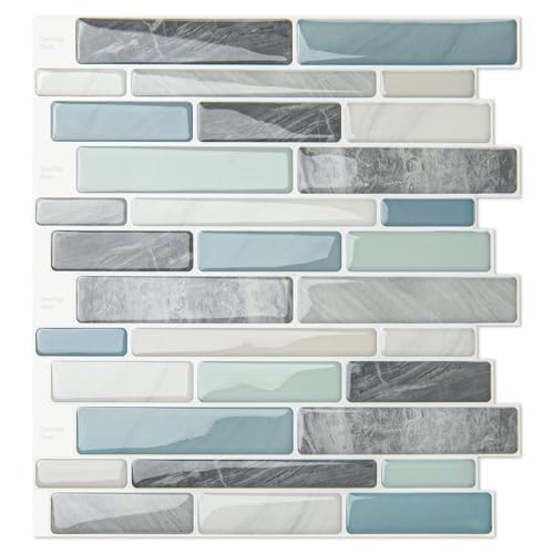 WOWSTAR 10-Sheet Peel and Stick Backsplash Tile for Kitchen, Back Splash Stick On Tiles for Kitchen Wall (Grey and Blue) - color: Blue