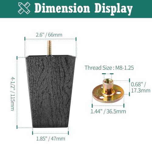 4pcs Plastic Square Legs 4-1/2" with Plate Nuts, M8-1.25 Thread - size: 4-1/2 Inch, M8-1.25 Metric Bolts