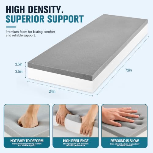 JOYWOO Thick Memory Foam Padding 72"x24"x5", Sofa Cushion & Chair Support Pad, Cut to Size Replacement for Thin Padding & DIY - size: 72x24x5"