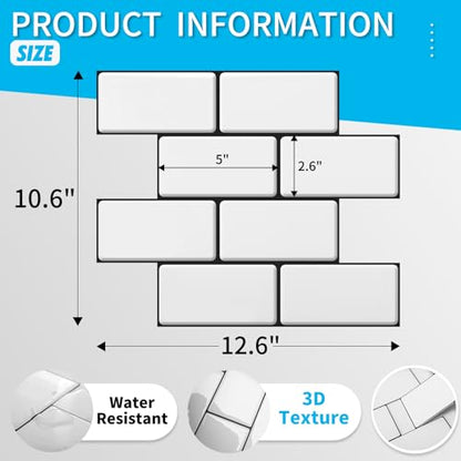 Art3d Faux Ceramic Subway Tile Peel and Stick Backsplash, 10-Pack, White - color: White with Black Grout