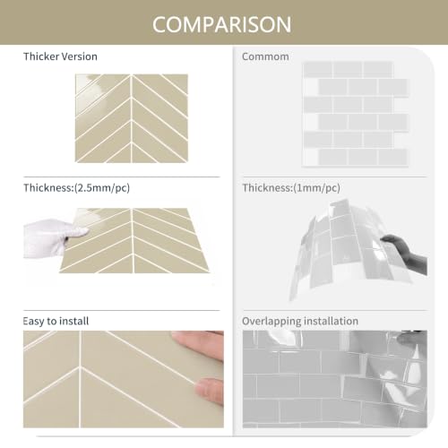 10 Sheets Thicker Herringbone Peel and Stick Backsplash(Beige,12.6”x9.9”) - color: Beige