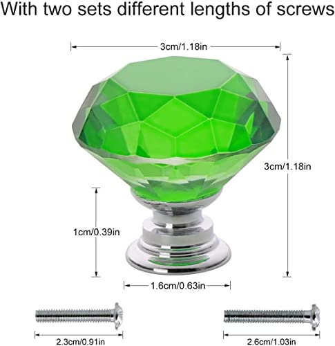 Akstore 6 Pcs Crystal Glass Cabinet Knobs 30mm Diamond Shape Drawer Kitchen Cabinets Dresser Cupboard Wardrobe Pulls Handles (Green, 30mm) - color: Green, size: 30 mm