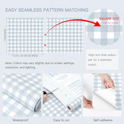 Peel and Stick Wallpaper for Bedroom Blue and White Plaid 393"×17.3" - color: Blue and White, size: 17.3" x 393"