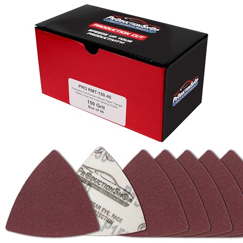 ProductionShop Premium 150 Grit Triangle Mouse Detail Sander Sandpaper Sheets, Box of 45 - Hook & Loop, Triangular Shaped Mouse Disc Pads - Oscillating Multi-Tools - Woodworking, Sand Furniture Paint - style: 150 Grit