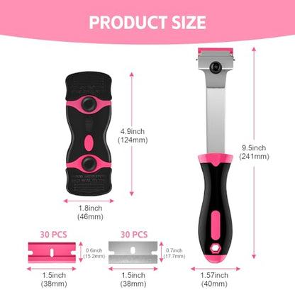 3 Pack Razor Blade Scraper Set, Includes 30 Plastic & 30 Metal Blades(Pink) - color: Pink