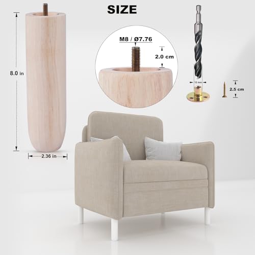 8 Inch Unfinished Wooden Furniture Legs Set of 4, Heavy Duty Solid Wood Cylindrical Table Legs, Chair Legs, Sofa Legs, Couch Legs, Cabinet Legs, Wood Furniture Feet (Natural, DIY Replacement) - color: Unfinished, size: 8 Inch
