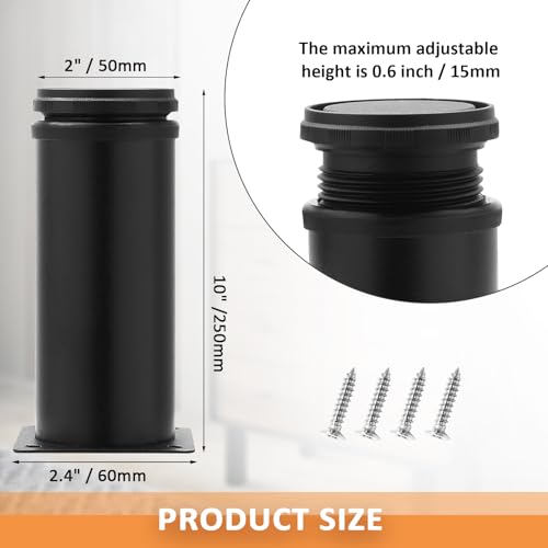 10 Inch Adjustable Furniture Legs, Set of 4, Black - size: 10 Inch / 250mm