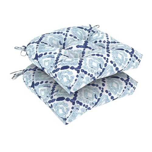 DYTXIII Set of 2 Outdoor Chair Cushions 19"x19"x4", Water Repellent Tufted Patio Seat Cushions with Ties, Thick Replacement Pads for Wicker Dining Chairs, Patio Furniture, Boho Geometry Blue - color: Boho Geometry Blue