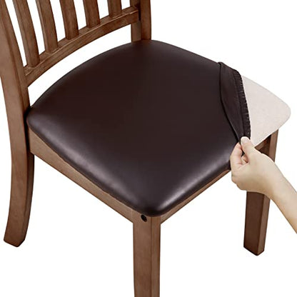 Fuloon Dining Chair Seat Covers 4 PCS, Solid Pu Leather Waterproof Seat Cushion Cover Oilproof Stretch Dining Chair Protctor Slipcover (Pu Dark Brown) - color: Pu Dark Brown