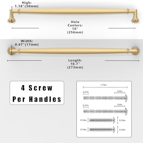 10 Pack Brushed Gold Cabinet Pulls 10 Inch(254mm) Kitchen Cabinet Handles Solid Zinc Alloy Cabinet Hardware Drawer Pulls - color: Brushed Gold, size: 10" Hole Center