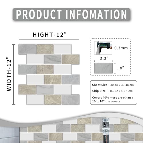 10 Sheets Peel and Stick Backsplash for Kitchen 12"X12" Renter Friendly Backsplash Back Splash Adhesive Subway Wall for Bathroom Cream White & Light Gray Marble Tile Sticker（Not 3D Tile