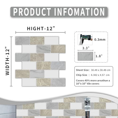 10 Sheets Peel and Stick Backsplash for Kitchen 12"X12" Renter Friendly Backsplash Back Splash Adhesive Subway Wall for Bathroom Cream White & Light Gray Marble Tile Sticker（Not 3D Tile