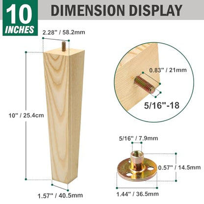 FoDau770 Square Furniture Legs 10 Inch, Ash Wood Legs with 5/16"-18 Bolts - size: 10 Inch
