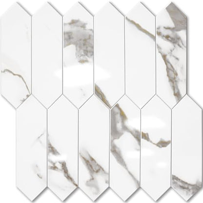 Vamos Tile Glossy White Marble with Gold Veining Backsplash Tile Peel and Stick, 12.8 x 12.8 Inch 10 Sheets Long Hexagon PVC Self Adhesive Mosaic Tiles Stick on Backsplash for Kitchen and Bathroom - color: White Marble with Gold Veining