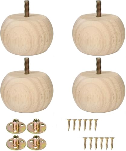 Set of 4 Unpainted Bun Feet 2 Inch Solid Wood for Furniture Unfinished Solid Hardwood Round Ottoman Couch Chair Sofa Legs with M8 Bolt Predrilled