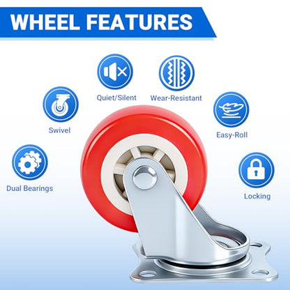 2.5 Inch Caster Wheels Set of 4, 4 Swivel, Red PU, Plate Mount - size: 2.5 Inch