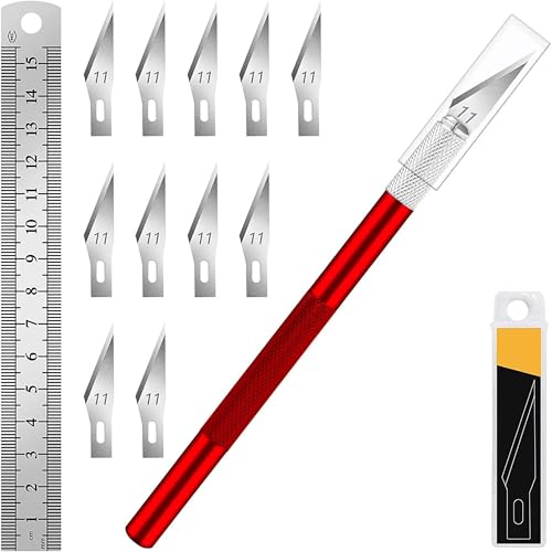 DIYSELF Hobby Knife Set with 10 Extra #11 Blades, 15cm Metal Ruler for Art - color: Red-10pcs