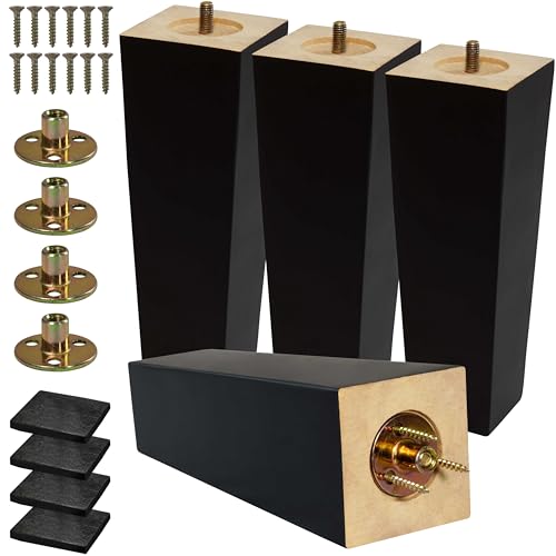 CODIN (5 Sizes: 3"-4"-5"-6"-8" Set of 4 Wood Furniture Legs - Square Sofa Legs, Couch Leg - Brown Mid-Century Modern Replacement Legs for Armchair Recliner Coffee Table Dresser (8") - size: 8"