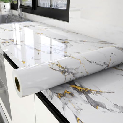 Glossy Thick Marble Contact Paper for Countertops Peel and Stick Wallpaper - color: White and Gold, size: 15.7" x 196.8"