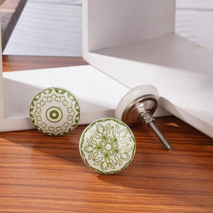 Ajuny 10 Green White Ceramic Cabinet Knobs Printed Drawer Pull Handles Set - color: Green-White