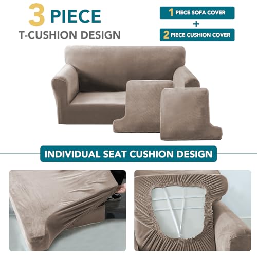 Turquoize Sofa Cover 3 Piece T Cushion Loveseat Covers for 2 Cushion Couch Thick Velvet Couch Cover Stretch Furniture Covers with 2 Individual T Cushion Covers, Washable (2 Cushion Loveseat, Taupe) - color: Taupe, size: Loveseat (2 Cushion)